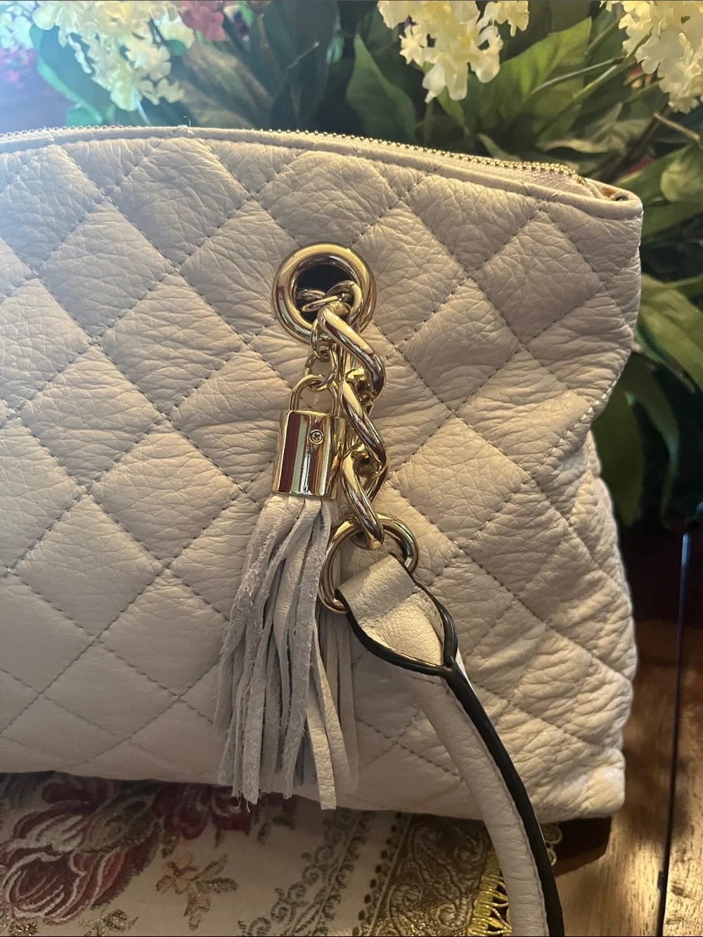 Calvin Klein Quilted Cream Tote with Gold Chain and Tassel